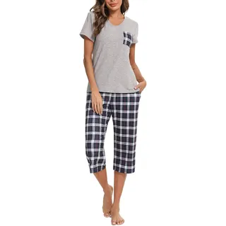 iClosam Schlafanzug Damen Kurz Pyjama Kurzarm Baumwolle Frauen V-Ausschnitt Nachtwäsche Set Zweiteiliger Top Kurzarm und 3/4 Lang Karierte Pyjamahose Loungewear Freizeitanzug für Sommer - M