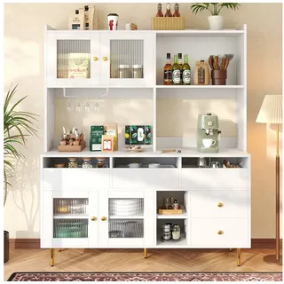 BlingBin Küchenbuffet Restaurant-Hochschrank, Küchenschrank Buffetschrank mit Glastür (1er Set, 1-St., Produktgröße: 145 x 39 x 171 cm, Gewichtskapazität: 60kg) Aufbewahrungsschrank mit Weinglasregal für Esszimmer, Weiß weiß