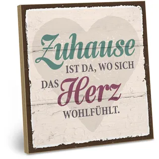 ARTFAVES® Wandbild Holzschild mit Spruch - Zuhause ist da wo sich das Herz - Türschild Retro Vintage Deko Bild Geschenk - Familie, Zuhause