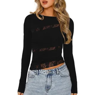EMOTTOS Damen Sexy Spitzenoberteile, Y2k Schräger Halsausschnitt Knoten Langarm T-Shirt, Damen Slim Fit Rundhals Mesh Crop Tops, Sexy Top Dupes Oberteile mit Blumenspitze Club Streetwear(Black-S) - M