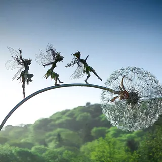 Feen Und Löwenzahn Tanzt Zusammen – Gartendeko Metall, Fairy Bloom Gartendeko, Mythische Feengarten, Magische Sammlerstück, Figur Feen, Pixies, (A)