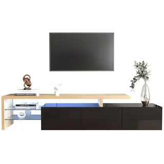 Merax Lowboard, mit Glasablgen und LED-Beleuchtung, Fernsehtisch Hochglanz, TV-Schrank schwarz