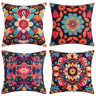DakTou Kissenbezüge 45 x 45 Leinen Boho Retro Buntes Mandala Floral Kissenhüllen Kissenbezug Böhmischer Ethno Dekokissen Sofakissen Zierkissenbezüge für Sofa Schlafzimmer Wohnzimmer 4er Set