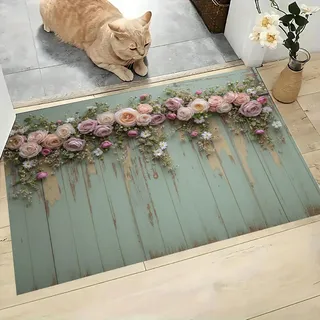 Fußmatte 50x80 cm Innen und Außen, rutschfeste Schmutzfangmatte Vintage Rosenkranz Aus Holz Waschbar Fussmatte Landhausstil Schmutzfänger Türmatte für Eingang, Küche, Flur, Badezimmer, Salbeigrün