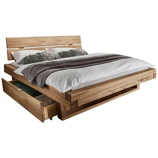 HOMELIV. Romeno Balkenbett, 180x200 cm, mit Schubkästen, Eiche Natur | Wildeiche-Balkenbett, mit Schubkästen, mit Stauraum, mit Kopfteil, mit Komforthöhe, 180x200 cm, Natur, Rustico