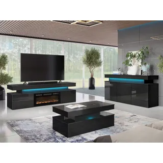 MIRJAN24 Wohnzimmer-Set Glossa II, (3er-Set, Kommode, TV-Lowboard mit Kamin, Couchtisch), mit blauer LED-Beleuchtung schwarz