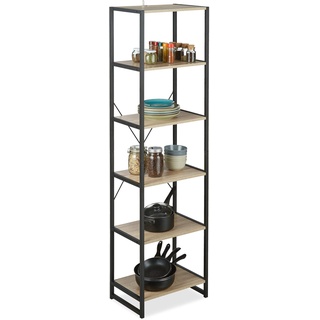 Relaxdays Standregal, hohes Bücherregal mit 6 Fächern, Regal Industrial Design, HxBxT: 180x50x35 cm, PB/Metall, braun