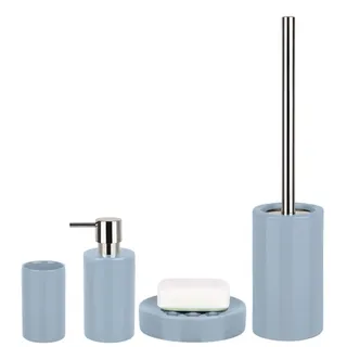 Spirella Badezimmer Set, 4-teiliges Badzubehör aus Porzellan Tube Seifenspender, Seifenschale, WC Bürste und Zahnputzbecher Hellblau
