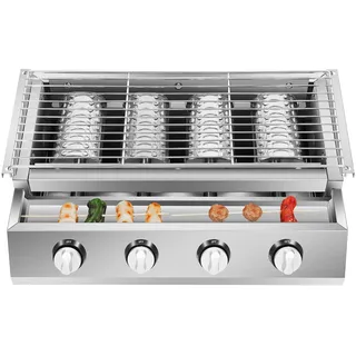 OUBUBY Gasbräter Gasgrill 4 Brenner BBQ Tischgrill Edelstahl Gastrobräter LPG Gas Grills Höhenverstellbar Abnehmbarer Grill für Camping Balkon Garten