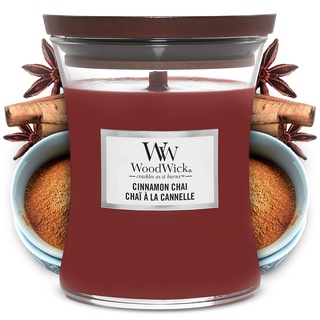 Mittelgroße WoodWick Duftkerze im Sanduhrglas mit knisterndem Docht, Cinnamon Chai, bis zu 60 Stunden Brenndauer