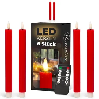 Stabkerzen LED mit Timer ROT 6 Stück indoor - 6 Stunden - ECHTWACHS gerippt 23cm Höhe für Kerzen 2,2cm Durchmesser 2 AAA Batterien notwendig LED Stabkerzen 2er Set ROT (zwei Mal) bewegliche Flamme