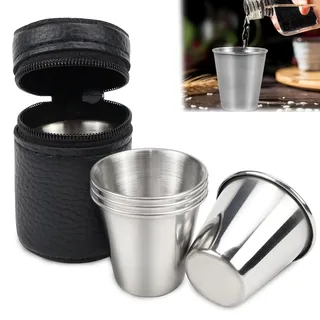 TYBYBB Schnapsbecher Edelstahl 4 Stück Edelstahlbecher 30ml Klein | Edelstahl Becher Schnaps, Schnapsgläser Stapelbare Trinkbecher Metallbecher mit Lederetui für Wandern Camping Outdoor Urlaub