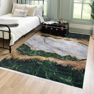 Mazovia Groß Teppich Wohnzimmer 200x300cm Grün Gold Abstrakt Glamour | Teppich für Schlafzimmer Esszimmer Büro Stilvoll Rutschfest Maschinenwaschbar Wetterfest Pflegeleicht Tierfreundlich Kurzflor