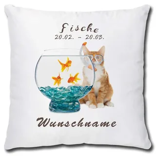 TRIOSK Kissen Katzenmotiv mit Namen personalisiert Sternzeichen Fische Dekokissen Katze lustig Geschenk für Katzenliebhaber Frauen Mädchen Kinder 40x40 Weiß Bunt