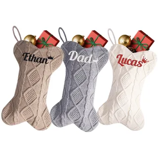 Weihnachtsstrümpfe, gestrickt mit gesticktem Namen, personalisierbar, Familienstrumpf aus Knochen, Weihnachtsstrumpf mit Namen für Kamin, Urlaub, Party, Dekoration, 3 Stück