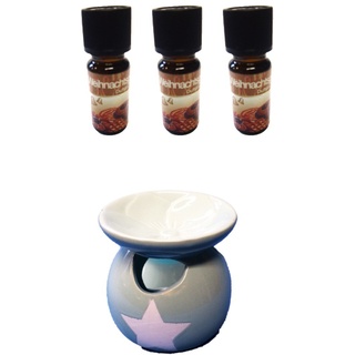 Duftstövchen XL blau mit Stern 8,5x8,5cm + Duftöl 10ml 3 Weihnachtsgebäck Glasflaschen
