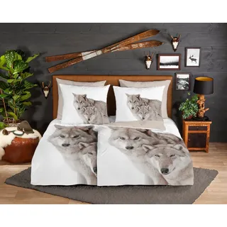 good morning Wendebettwäsche Fera, Biber, Flanell, 2 teilig, Biber, 135x200, Warm, Weich, Wendeoptik, Reißverschluss, Wolf, Sand beige