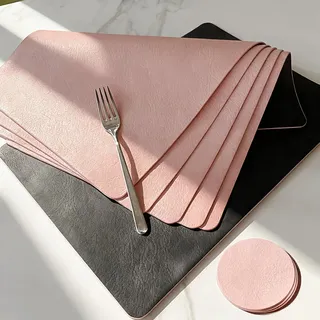 Tischuntersetzer, Tischset Leder 6er Set,Tischsets Platzsets Abwaschbar Rosa, Platzset Lederoptik mit Untersetzer, PU Platzdeckchen rutschfest-Wasserdicht-Hitzebeständig-Doppelseitigen