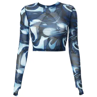 Hanaoops Damen Sexy Netz Oberteil Langarmshirt Durchsichtige Crop Tops Sheer Bluse Tüll Mesh T-Shirt Casual Y2k Cover Up Clubwear Party Outfits - M