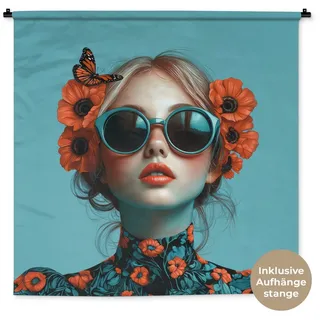 MuchoWow Wandteppich Frau - Blau - Schmetterling - Floral - Ästhetisch, Quadratisch, Höhe: 3 mm, Wand Teppich Wohnzimmer, Schlafzimmer, 150x150 cm blau Quadratisch | 150 cm x 150 cm x 3 mm