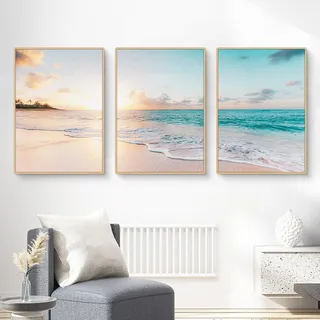 Viusneun 3er Poster Set, Strand Leinwandbilder Aesthetic Sonnenuntergang Wandbilder Premium Moderne Wandposter Ohne Rahmen Kunstposter für Schlafzimmer und Wohnzimmer (30 x 40 cm)