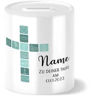 OWLBOOK Taufe Kreuz mit Symbolen blau Spardose personalisiert zur Taufe für Mädchen und Jungen Jungs als Taufgeschenk Geschenk Geschenkidee Geldgeschenk Dekoration