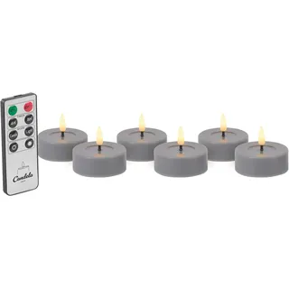 Candela Lights LED Teelicht 6er Set Ø6,8cm rustic grau mit Fernbedienung Timer Funktion & mehrstufig dimmbar flammenlos Teelicht