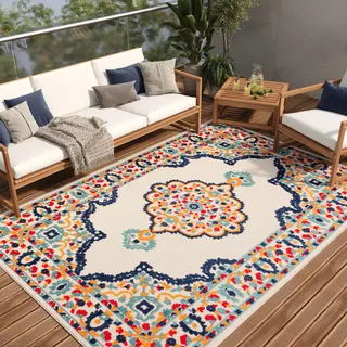 TAPISO Patio Outdoor Teppich Mehrfarbig Rosette Traditionell, Wetterfest und Pflegeleicht,UV-Fest - Ideal für Terrasse Balkon Garten 120 x 180 cm