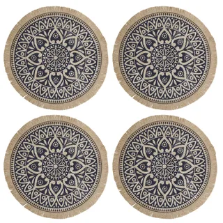 Creative Tops Set Jute Tischsets, mit Mandala Design, natürliche Tischmatten aus Sackleinen, Bedruckt, Blau, 41 cm Durchmesser