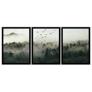 Wallarena Poster Set Mit Rahmen 3 Teilig Kunstdruck 3er Bilder Wandbilder Wohnzimmer, Wald im Nebel (3er, 3 St), SET 30x40 cm x 3 Wandbild grün