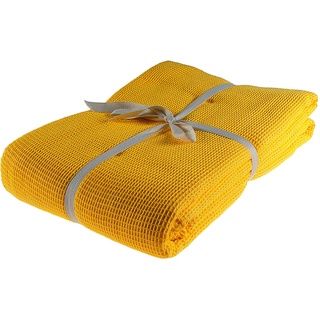 Pique-Decke mit Zierstich-Einfassung, Waffelpique, Bettüberwurf, Tagesdecke, Gelb