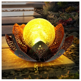 Globo LED Solarleuchte, LED-Leuchtmittel fest verbaut, Kaltweiß, LED Solar Lotus Blume Deko Lampe Kugel Crackle-Glas Außen bunt