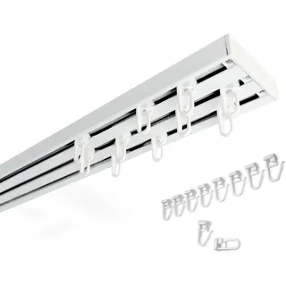 Rollmayer ALU Gardinenschiene 3-läufig 140cm - mit Faltenlegehaken | Zur Deckenbefestigung für Gardinen Vorhänge und Schiebevorhänge als stabile Aluminium Vorhangschiene in glänzend Weiß