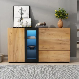 FammyLoft Sideboard Wohnzimmer mit 1 Türen und 3 Schubladen, Wohnzimmerschrank mit 3 Offene Fächer, Esszimmerschrank mit LED-Beleuchtung, Grifflose, Braun