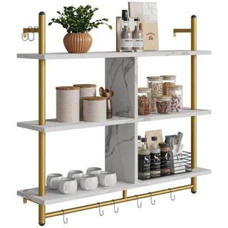 Bestier Wandregal Schweberegale, Küchenregal, Wandmontage, 3 Etagen – 105 x 96 x 23.8 cm, Vintage Holzregal 8-tlg., mit 8 Haken für Küche, Bad, Schlafzimmer weiß