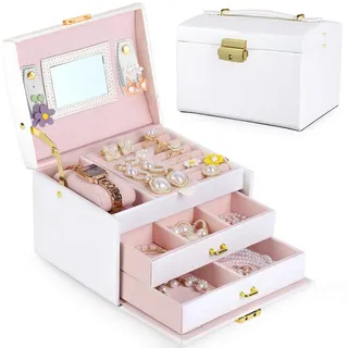 Mutig Schmuckkasten Schmuckkästchen mit 3 Schichten,Schmuckschatulle PU Leder mit Spiegel (Schmuckbox mit Spiegel und Schubladen, Innenfutter aus Samt,weiß, Schmuckbox für Ringe, Ohrringe, Armbänder, Halsketten,Platzsparend), Perfektes Geschenk für Frauen zu Weihnachten, Geburtstag & Erntedank weiß