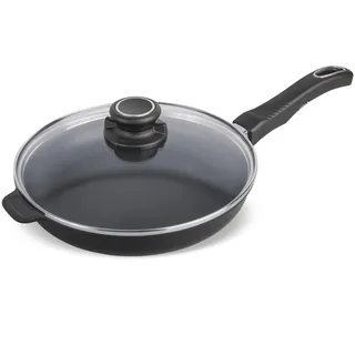 Pfannen-Set Original Gundel GUSS-BRATPFANNE mit Glasdeckel INDUKTION flach, Ø 24 cm, Höhe 4,5 cm, BIOTAN-Oberfläche, schadstofffrei, abnehmbarer Designer-Stiel