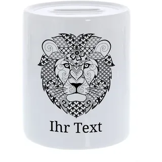Spardose Löwe personalisiert, Sternzeichen & Wunschtext, Keramik | Geldgeschenk für Löwe-Geborene und kleine Könige – Gelddose mit Zentangle-Löwen und Ihrem Text