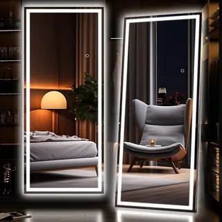 180x60cm LED Ganzkörperspiegel mit Beleuchtung, Standspiegel mit 3 Lichtfarben, Touch-Dimmfunktion, Stand und Wandmontage möglich, Wandspiegel Groß mit Licht für Schlafzimmer, Garderobe & Wohnzimmer