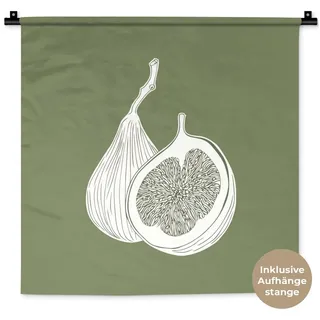 MuchoWow Wandteppich Feigen - Minimalistisch - Gezeichnet - Moosgrün, Quadratisch, Höhe: 3 mm, Wand Teppich, Deko für an den Wand, 60x60 cm Quadratisch | 60 cm x 60 cm x 3 mm