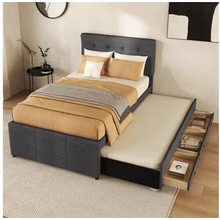 Odikalo Polsterbett Einzelbett 3 Schublade Ausziehbar Verstellbar Kopfteil Beige/Grau 90cm grau