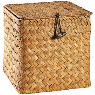 DOITOOL Stroh Rattan Aufbewahrungskorb mit Deckel Quadratischen Korb Aufbewahrungsbehälter Tee Aufbewahrungsbox mit Deckel Organizer Home Dekoration (Klein)