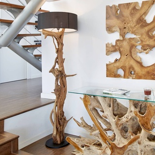 Exotischerleben Möbel Bressmer - Bluma Stehlampe Teakholz - 100% Handarbeit aus nachhaltigem Holz - Sockel 30cm Höhe 180cm - Treibholz Lampe Wohnzimmer inkl. Lampenschirm Schwarz