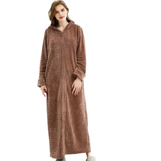Comcrib Damen Bademantel Langer Morgenmantel Nachtwäsche Durchgehender Reißverschluss Warme Nachtwäsche Winter Lange Robe Sauna Mantel Mit Kapuze - L
