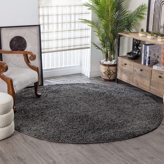 Surya Home Flauschiger Teppich Rund - Shaggy Teppich für Wohnzimmer, Schlafzimmer, Berber Abstrakter Langflor Hochflor Teppich Grau flauschig - Teppich Rund 120cm Carpet in Dunkel Grau