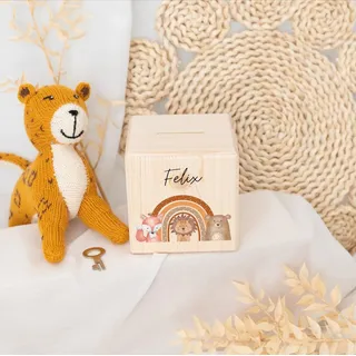 wunderwunsch Personalisierte Kinderspardose, Spardose, Regenbogen Tiere | Holzspardose Kinder personalisiert, Taufgeschenke für Kind, Baby Geschenk Geburt, Holz Sparschwein