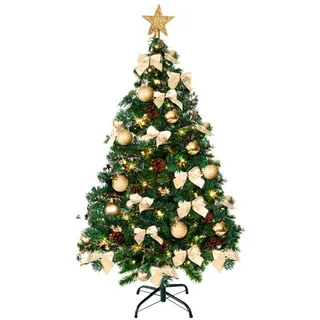 Weihnachtsbaum künstlich (WBD) 150 cm grün mit Weihnachtsdeko Gold und Led Lichterkette mit Batteriebox und Fernbedienung künstlicher Christbaum klein Tannenbaum