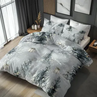 Generisch Bettwäsche 155x220 Weihnachts Baum - Schlafzimmer Deko Bettbezug 155 x 220 2tlg Verschneite Weihnachts Bäume Muster, 1 Kissenbezug 80x80, mit Reißverschluss, Weich Mikrofaser FZ-100