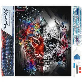 Figured'Art Diamond Painting Erwachsene 40x50cm Ganze Leinwand gerollt Löwe und Schädel 5D Bilder Eckige Steine - DIY Set Basteln