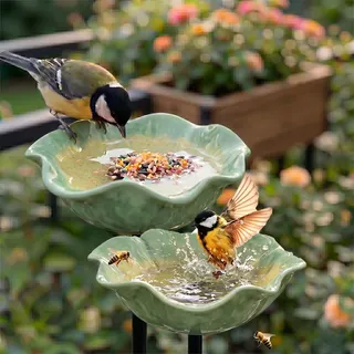 Vogeltränke Blume & Bienentränke Keramik Gartenstecker – Insektentränke Garten für Wasser & Vogelfutter, Dekorative Keramikblüten für Bienen & Vögel (2, Gelb)